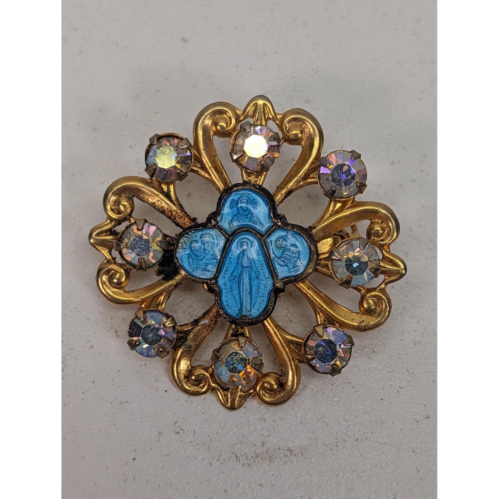 Vintage Religious Brooch Gold Tone Blue Enamel Aurora Borealis Rhinestone Pin
